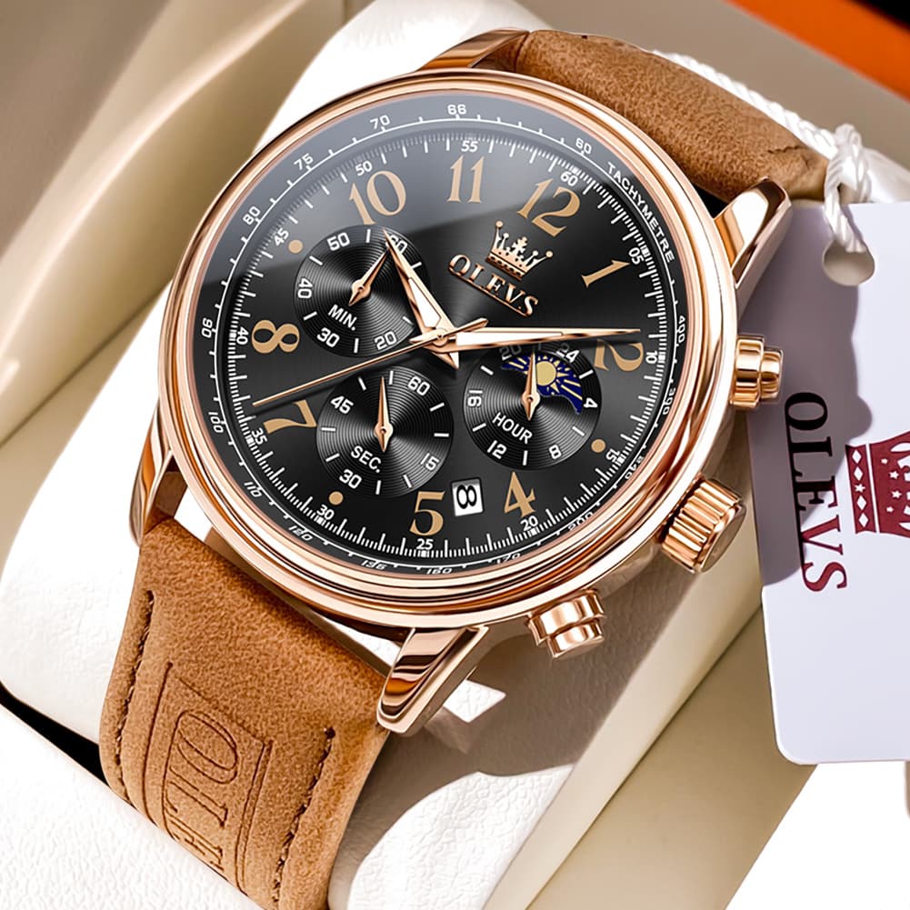 OLEVS 2912 Leather Chronograph Moon Phase Watch for Men