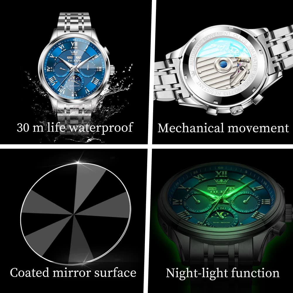 OLEVS 7113 Diamond Cut Glass Moon Phase Automatic Mechanical Watch for Men