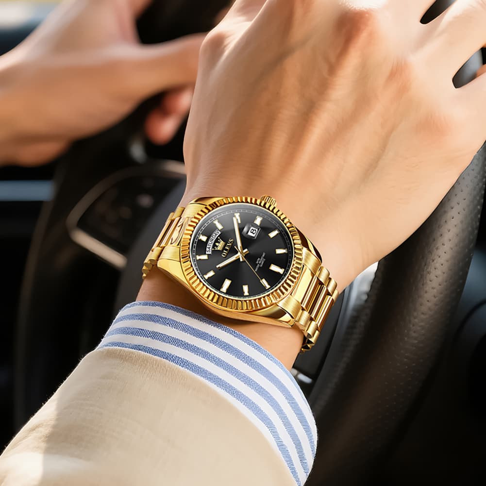 OLEVS 5650 Fluted Bezel Day Date Watch Stainless Steel Quartz Luxury Timepiece for Men