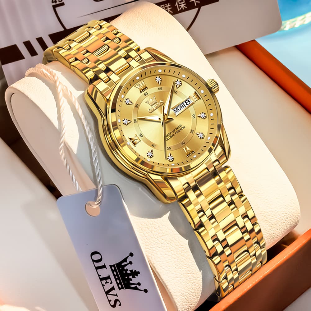 OLEVS Diamond Dial Day Date Quartz Watch 5513 Steel Band for Women