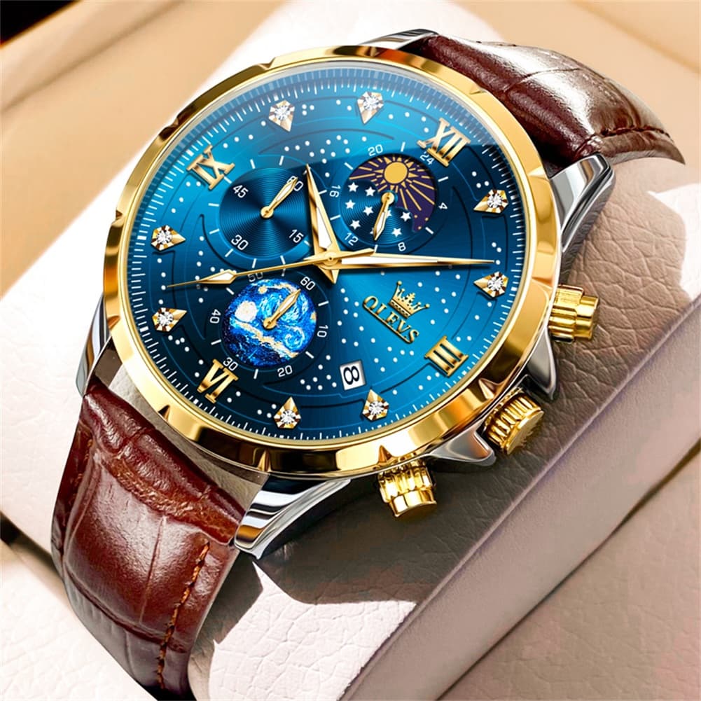 OLEVS 9807 Starry Moon Phase Chronograph Quartz Watch for Men