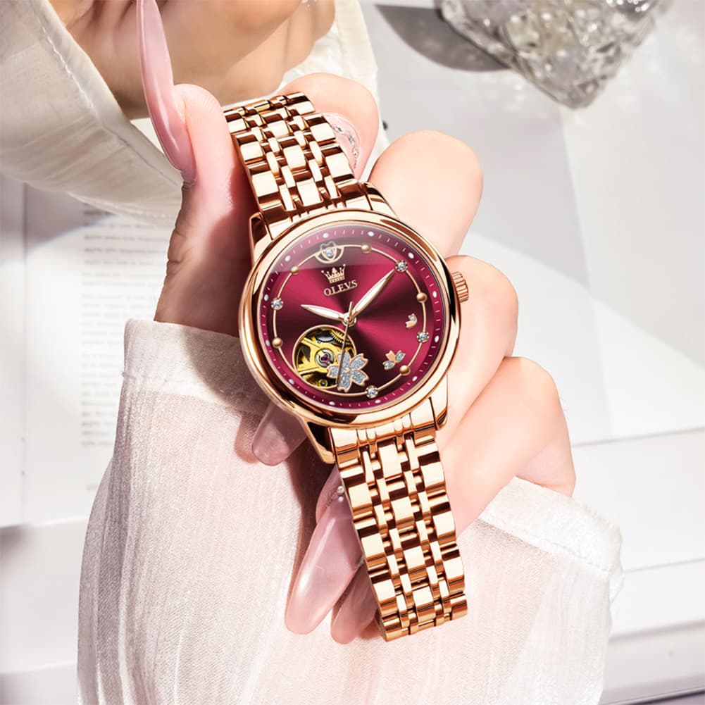 OLEVS 6732 Automatic Open Heart Diamond Watch For Women