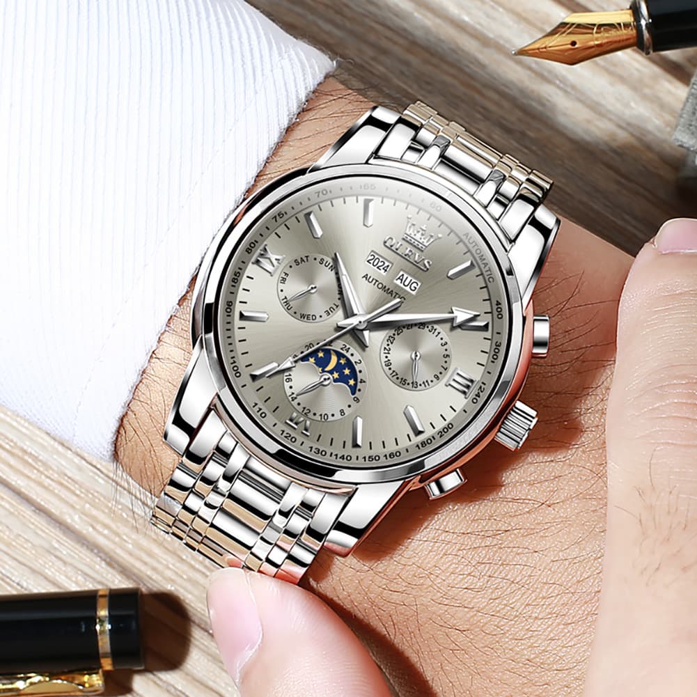 OLEVS 6633 Stainless Steel Mechanical Moon Phase Watch for Men