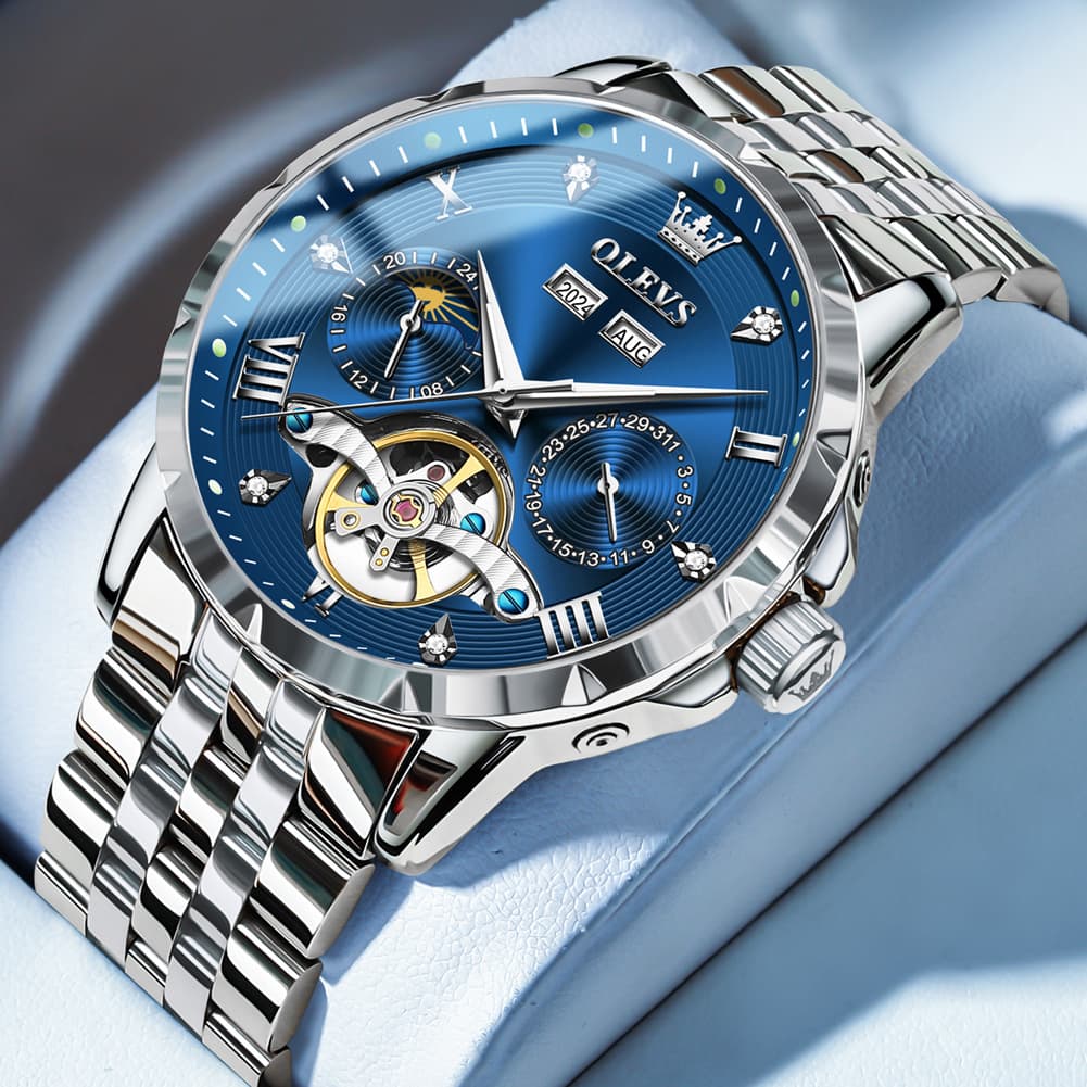 OLEVS 6691 Automatic Moon Phase Skeleton Steel Watch for Men