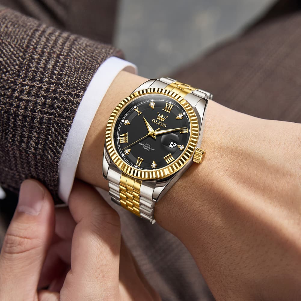 OLEVS 5680 Fluted Bezel Roman Diamond Dial Watch Stainless Steel Jubilee Bracelet Quartz Timepiece for Men