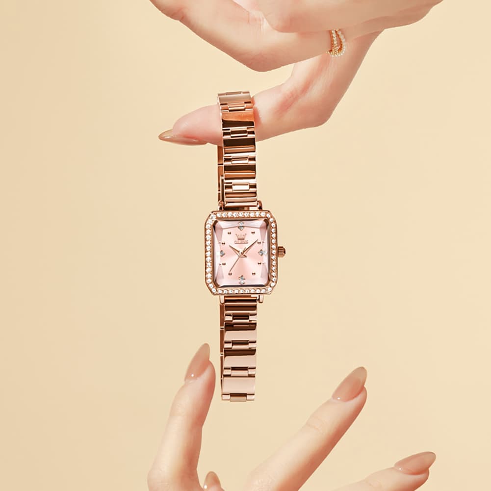 OLEVS 5688 Beveled Edge Crystal Rectangular Watch Diamond Bezel Stainless Steel Quartz Timepiece for Women