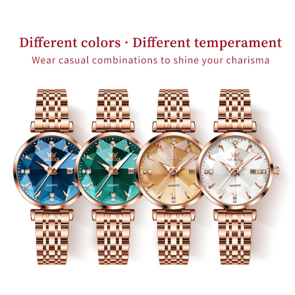 OLEVS Diamond Cut Crystal Dress Watch for Women Stainless Steel 5536