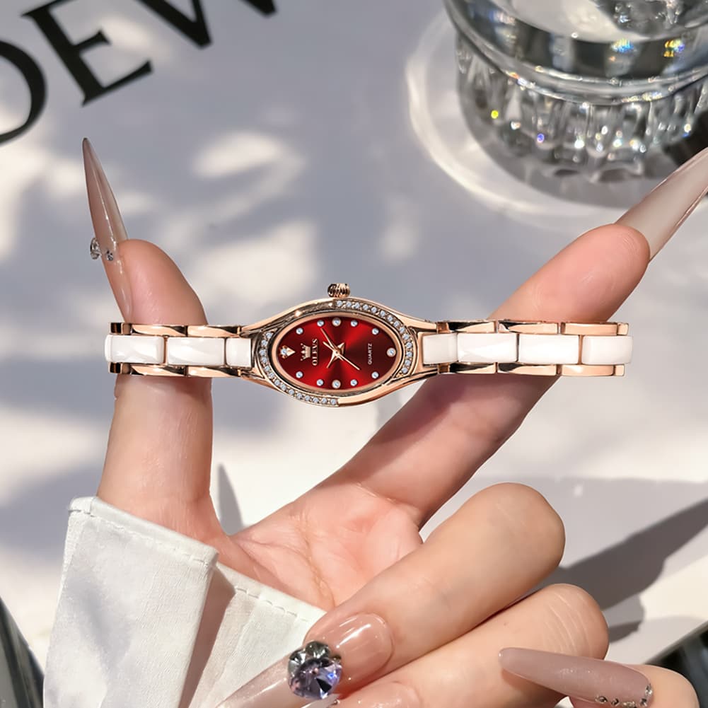 OLEVS Oval Ceramic Bracelet Diamond Watch 7131 for Women