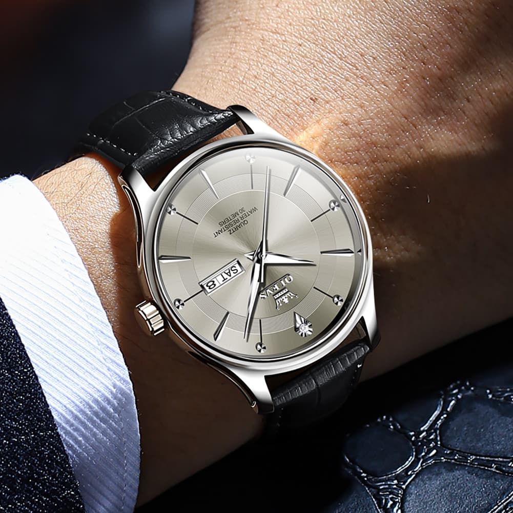 OLEVS 9908 Diamond Accent Day Date Quartz Watch for Men