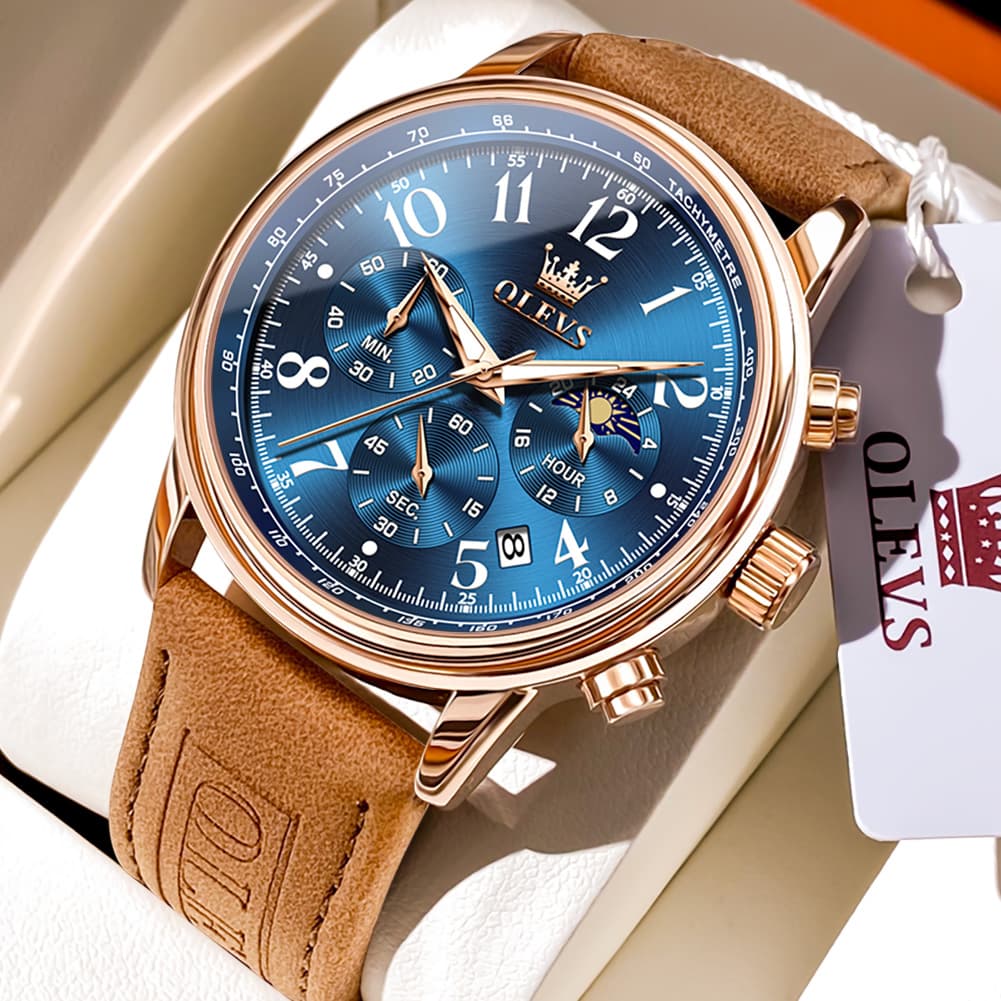 OLEVS 2912 Leather Chronograph Moon Phase Watch for Men