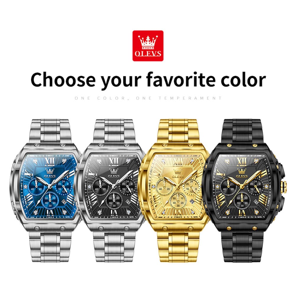 OLEVS Men Tonneau Watch Chronograph Stainless Steel Luxury Quartz 5639