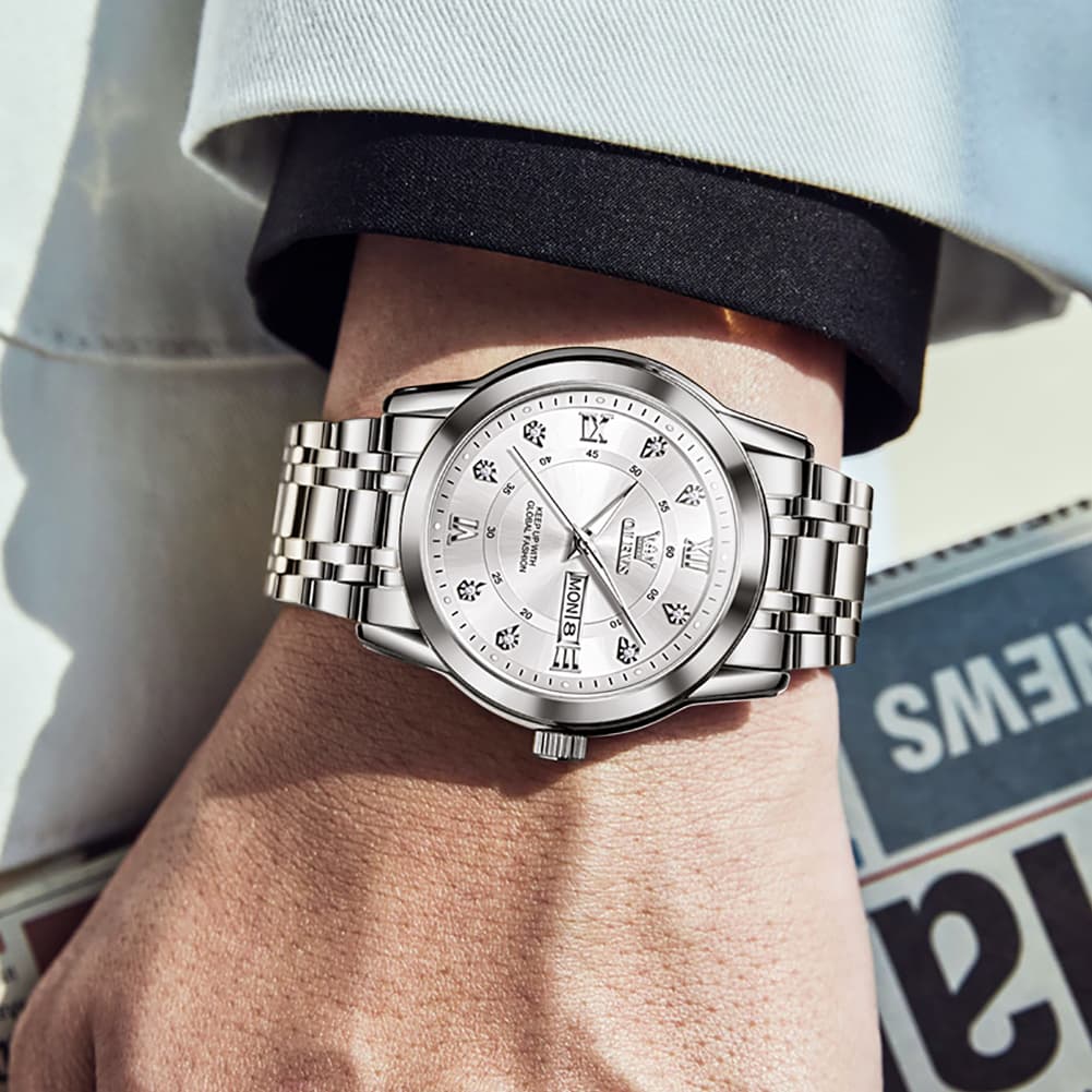 OLEVS Diamond Dial Day Date Quartz Watch 5513 Steel Band for Men