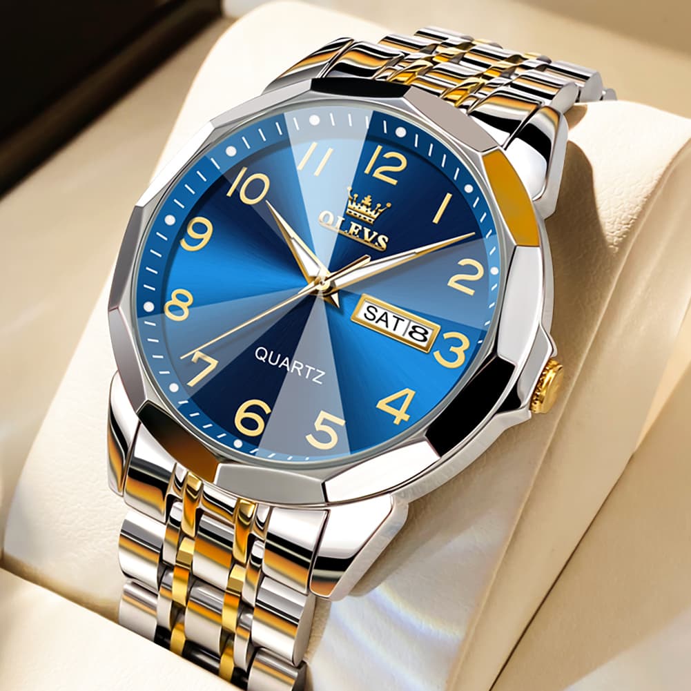 OLEVS 9970 3D Rhombic Faceted Glass Day Date Watch for Men