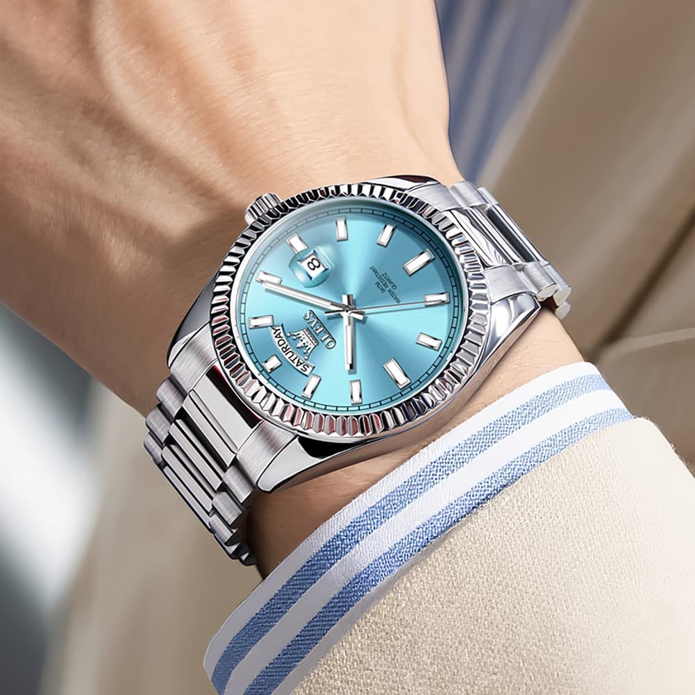 OLEVS 5650 Fluted Bezel Day Date Watch Stainless Steel Quartz Luxury Timepiece for Men