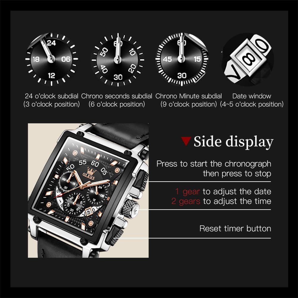 OLEVS 9919 Large Square Chronograph Leather Watch for Men