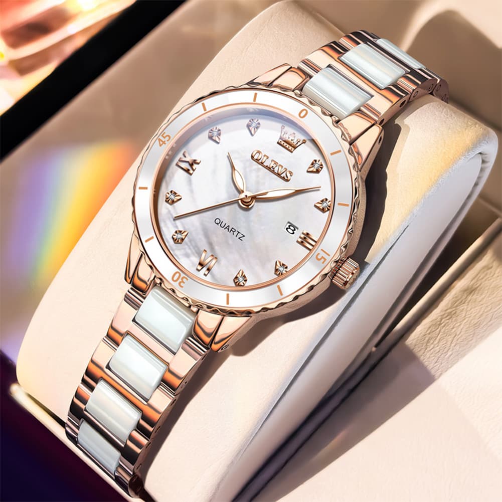 OLEVS 9985 Two Tone Ceramic Bracelet Quartz Watch for Women