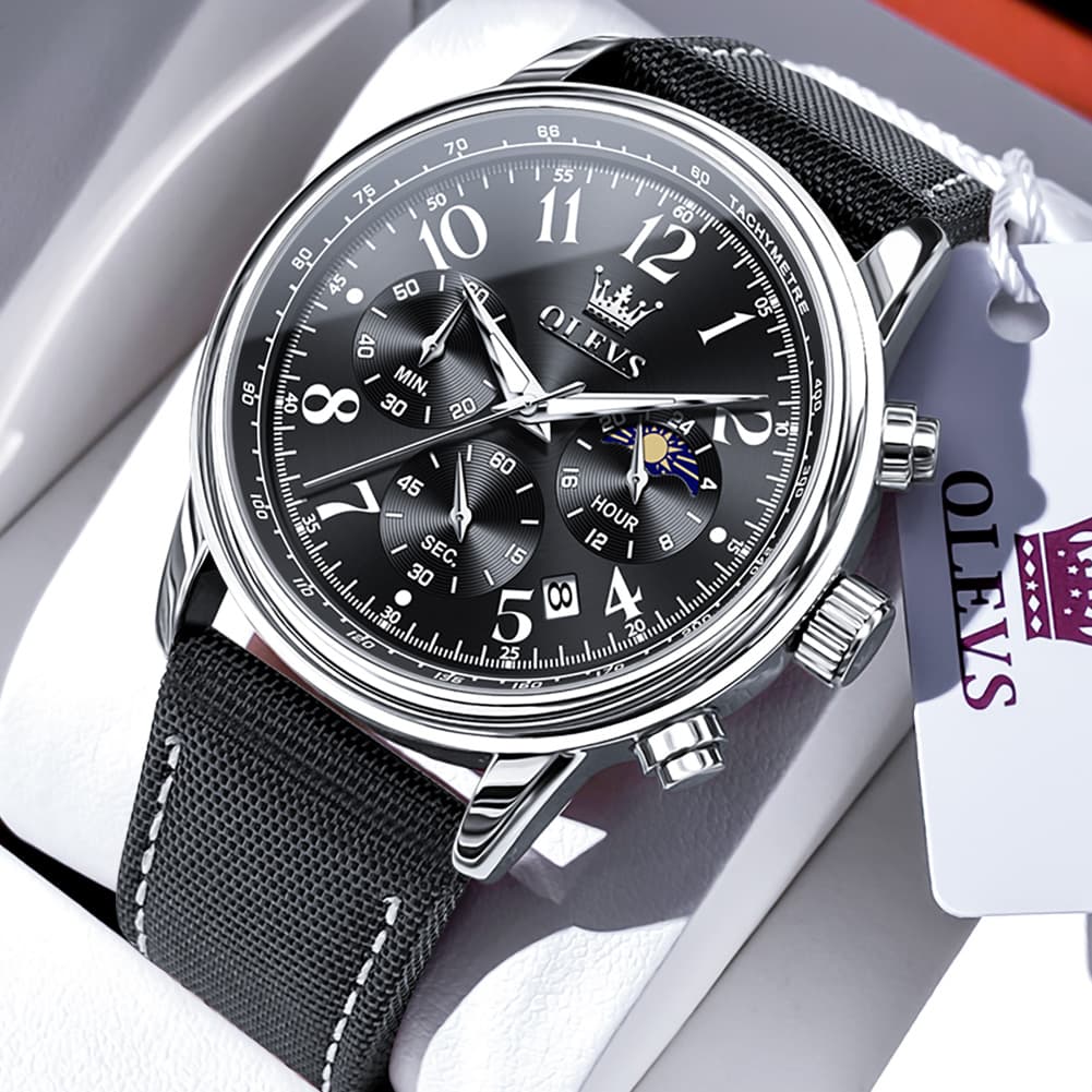 OLEVS 2912 Leather Chronograph Moon Phase Watch for Men