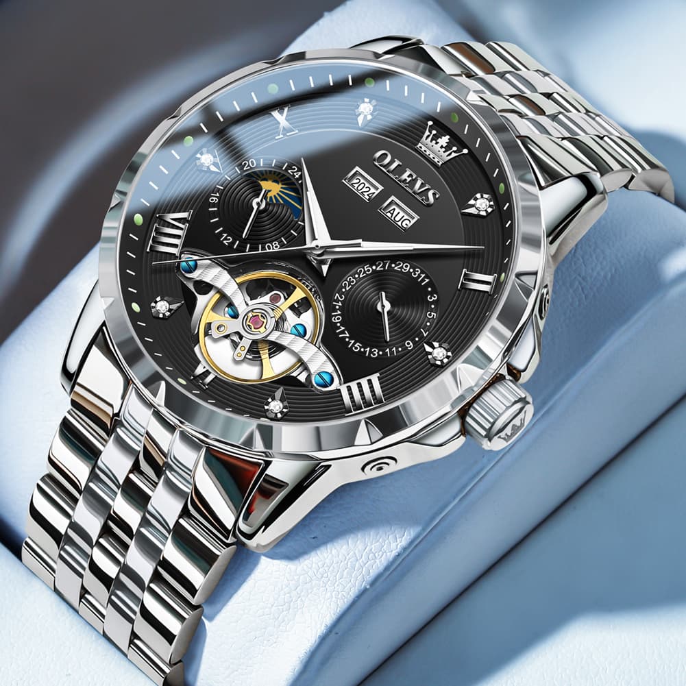 OLEVS 6691 Automatic Moon Phase Skeleton Steel Watch for Men