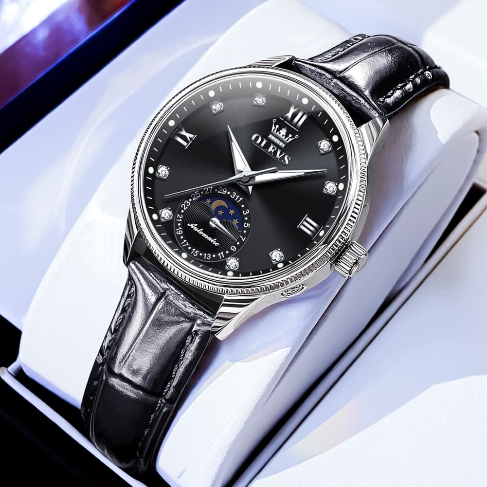 OLEVS 7039 Leather Moon Phase Mechanical Watch For Women