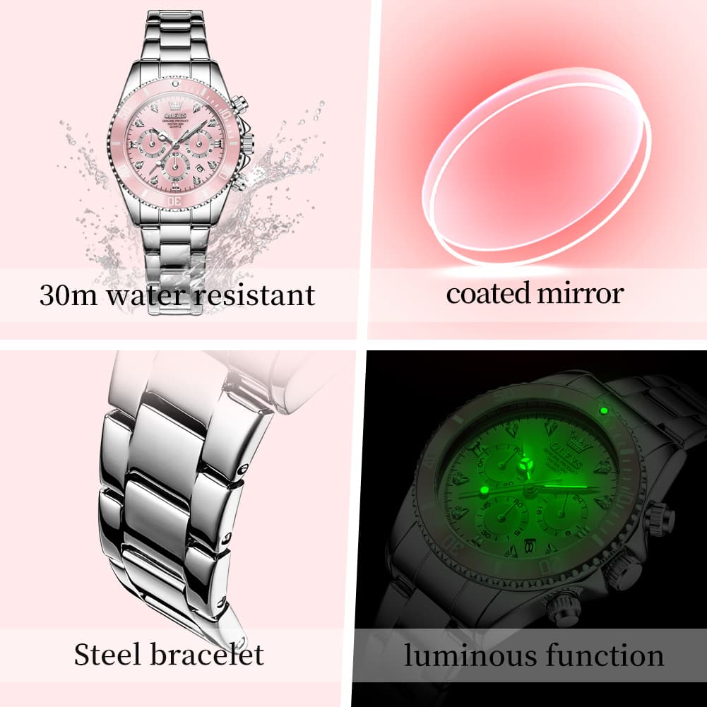 OLEVS Women Chronograph Watch Stainless Steel Sport Date Quartz 5632