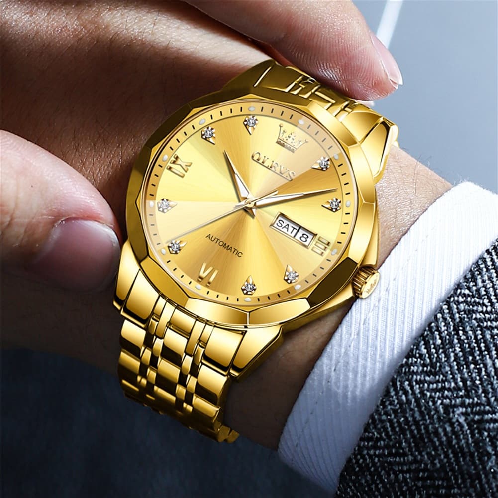 OLEVS 3D Diamond Cut Mirror Automatic Mechanical Watch 9982 Day Date for Men