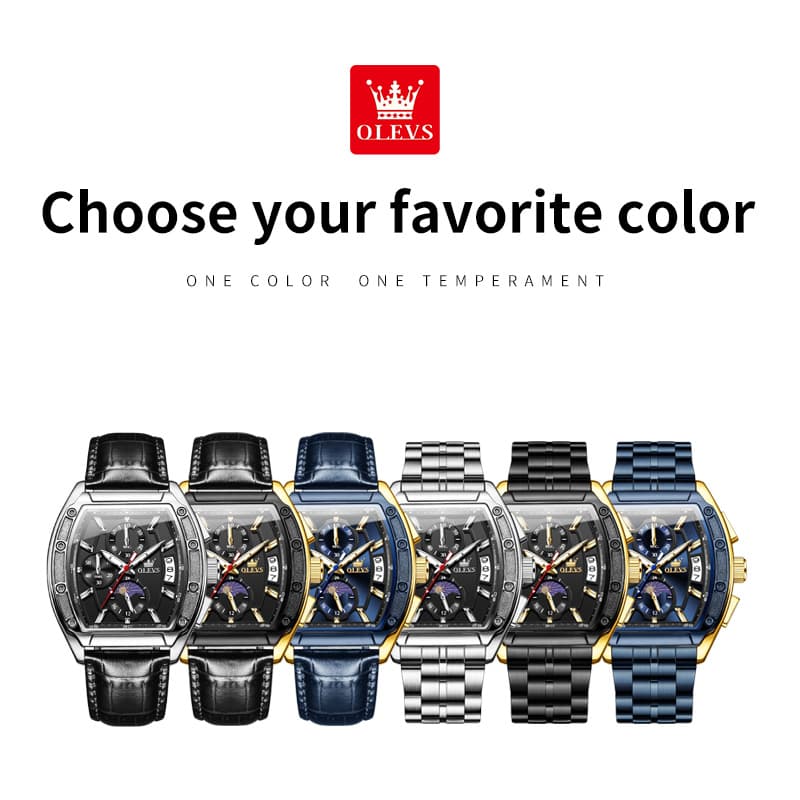 OLEVS 3661 Tonneau Barrel Chronograph Moon Phase Tactical Watch For Men