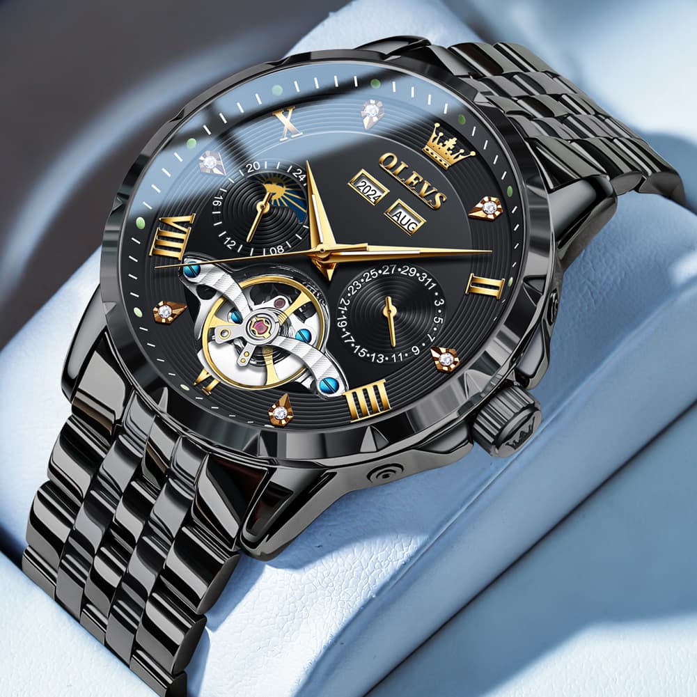 OLEVS 6691 Automatic Moon Phase Skeleton Steel Watch for Men