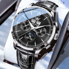 OLEVS Moon Phase Automatic Mechanical Watch 7128 Leather Strap for Men