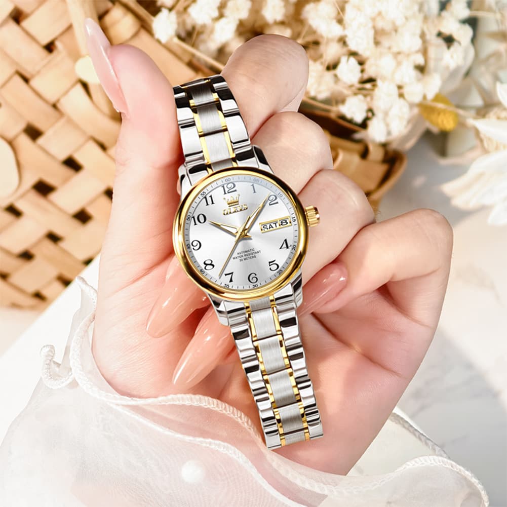 OLEVS 7072 Arabic Numeral Dual Calendar Automatic Watch For Women