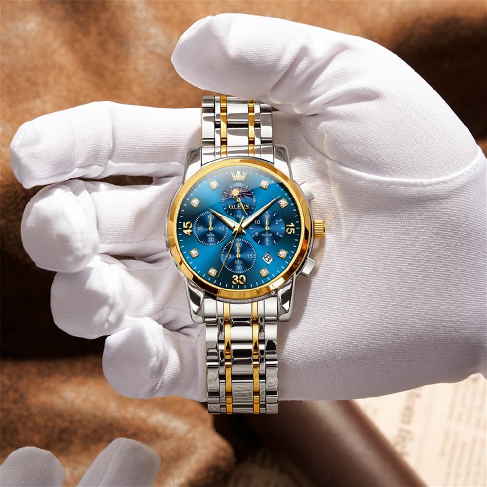 OLEVS 3652 Chronograph Moon Phase Diamond Dial Stainless Steel Watch For Men