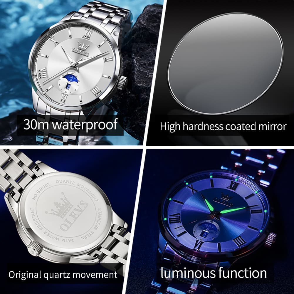 OLEVS 3638 Moon Phase Quartz Steel Watch for Men