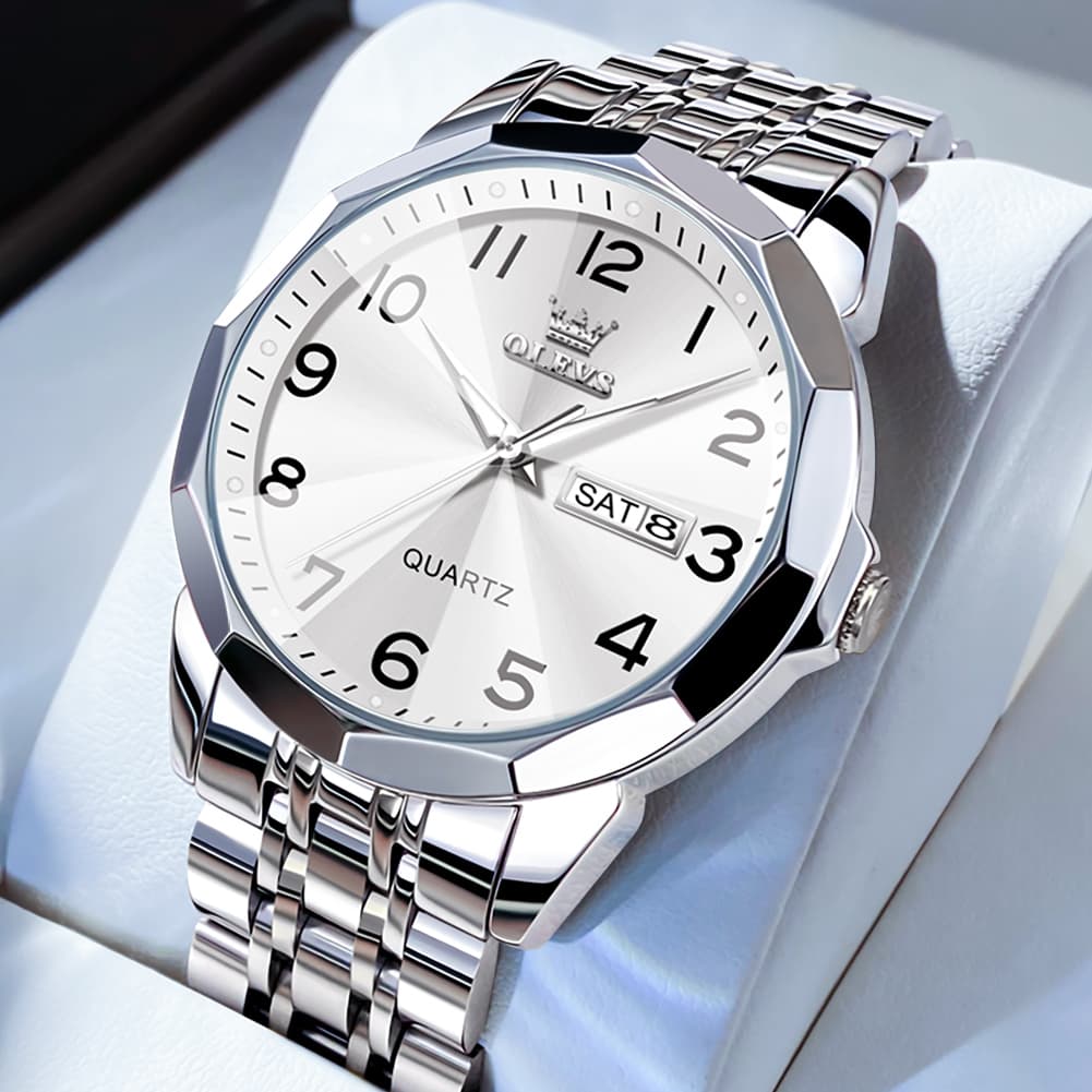 OLEVS 9970 3D Rhombic Faceted Glass Day Date Watch for Men