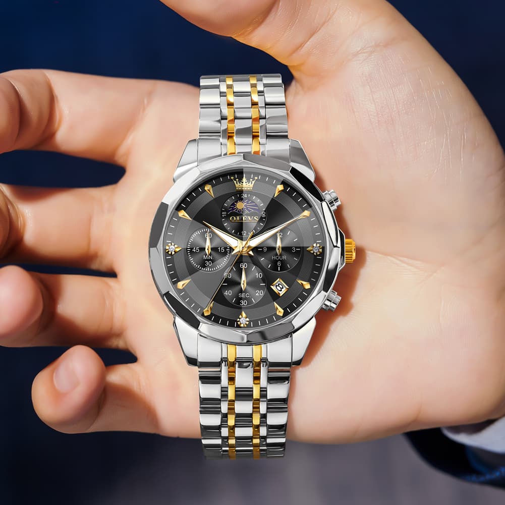OLEVS 3673 Quartz 3D Rhombic Mirror Chronograph Watch For Men