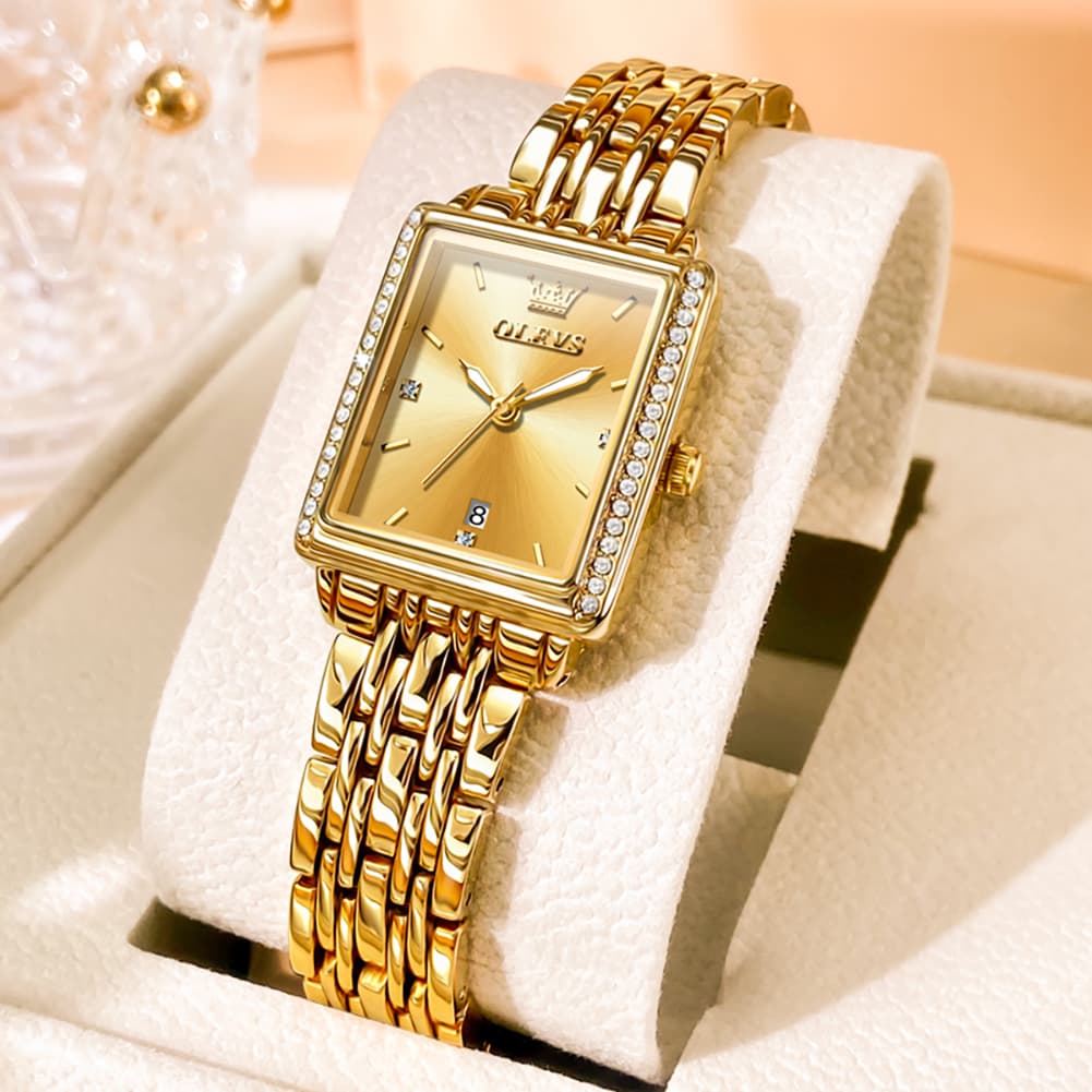 OLEVS 9995 Vintage Rectangular Gold Bracelet Watch for Women