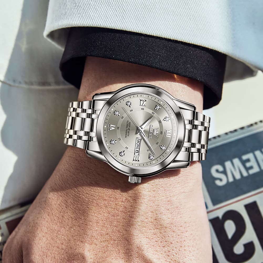 OLEVS Diamond Dial Day Date Quartz Watch 5513 Steel Band for Men