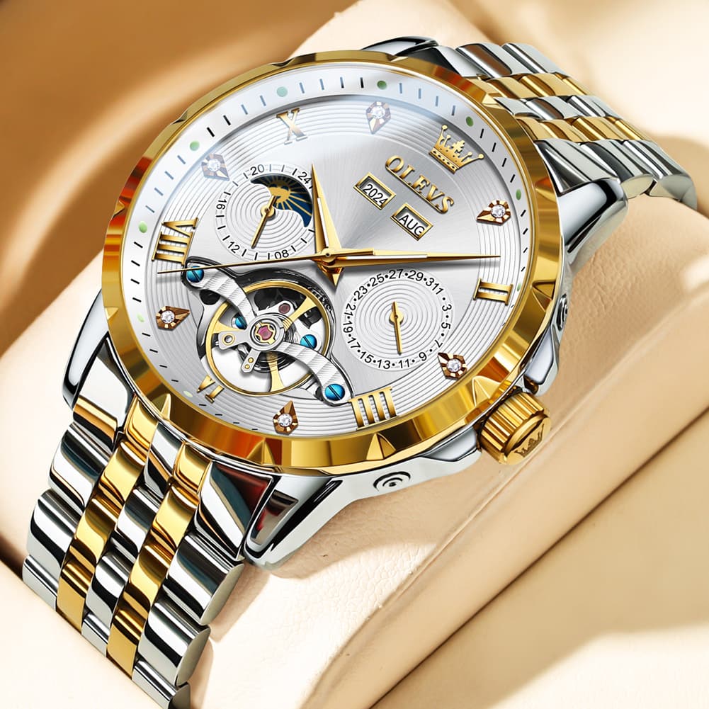 OLEVS 6691 Automatic Moon Phase Skeleton Steel Watch for Men