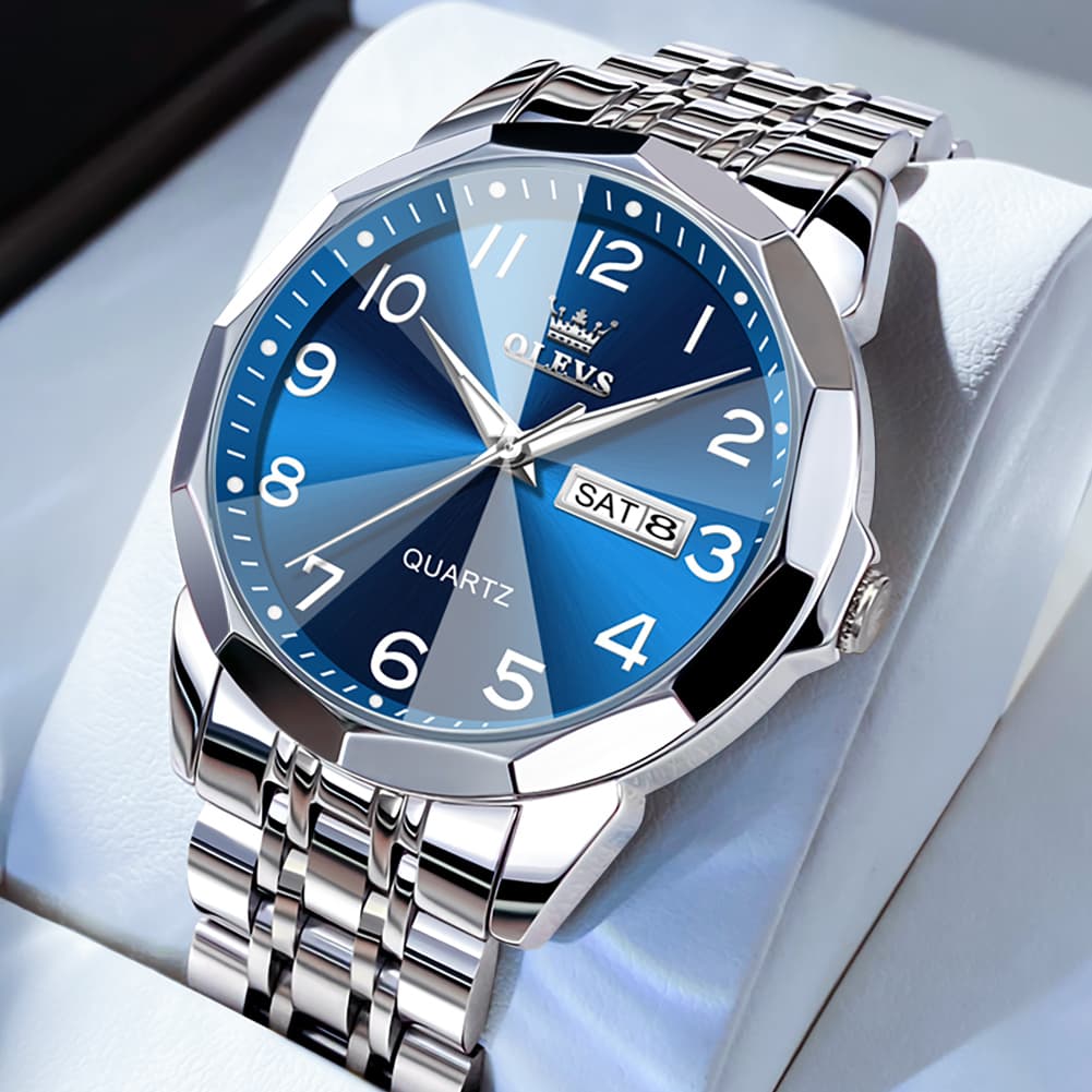 OLEVS 9970 3D Rhombic Faceted Glass Day Date Watch for Men