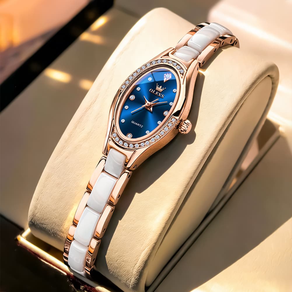 OLEVS Oval Ceramic Bracelet Diamond Watch 7131 for Women