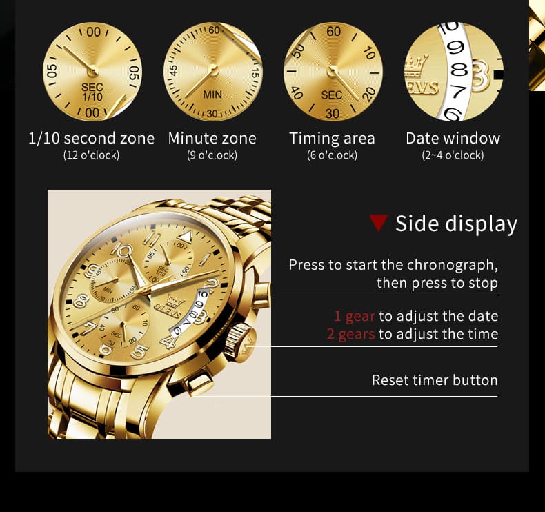 OLEVS 2879 Luxury Gold Pilot Chronograph Watch for Men