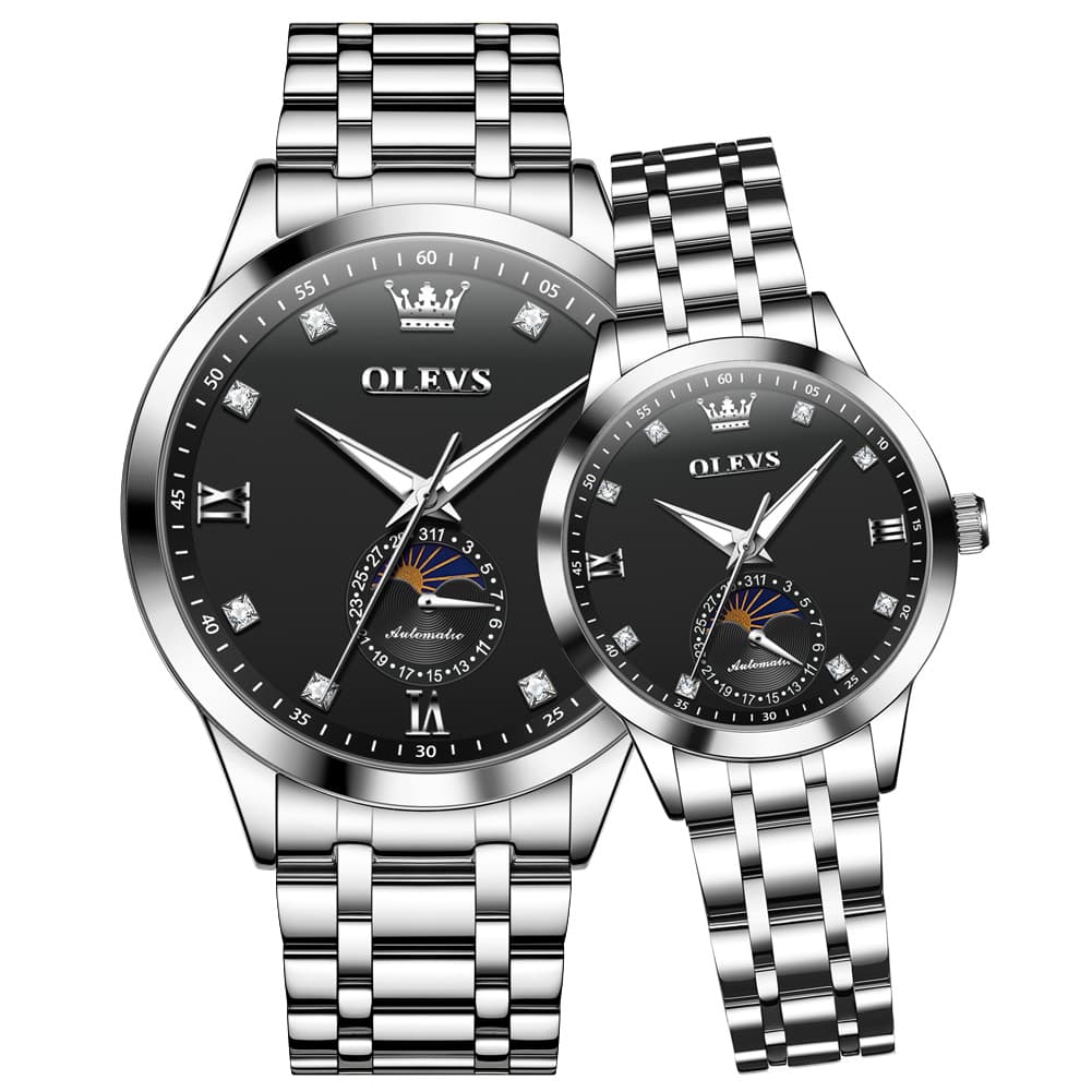 OLEVS 7041 Solid Steel Moon Phase Couples Watch Set