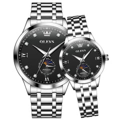 OLEVS 7041 Solid Steel Moon Phase Couples Watch Set