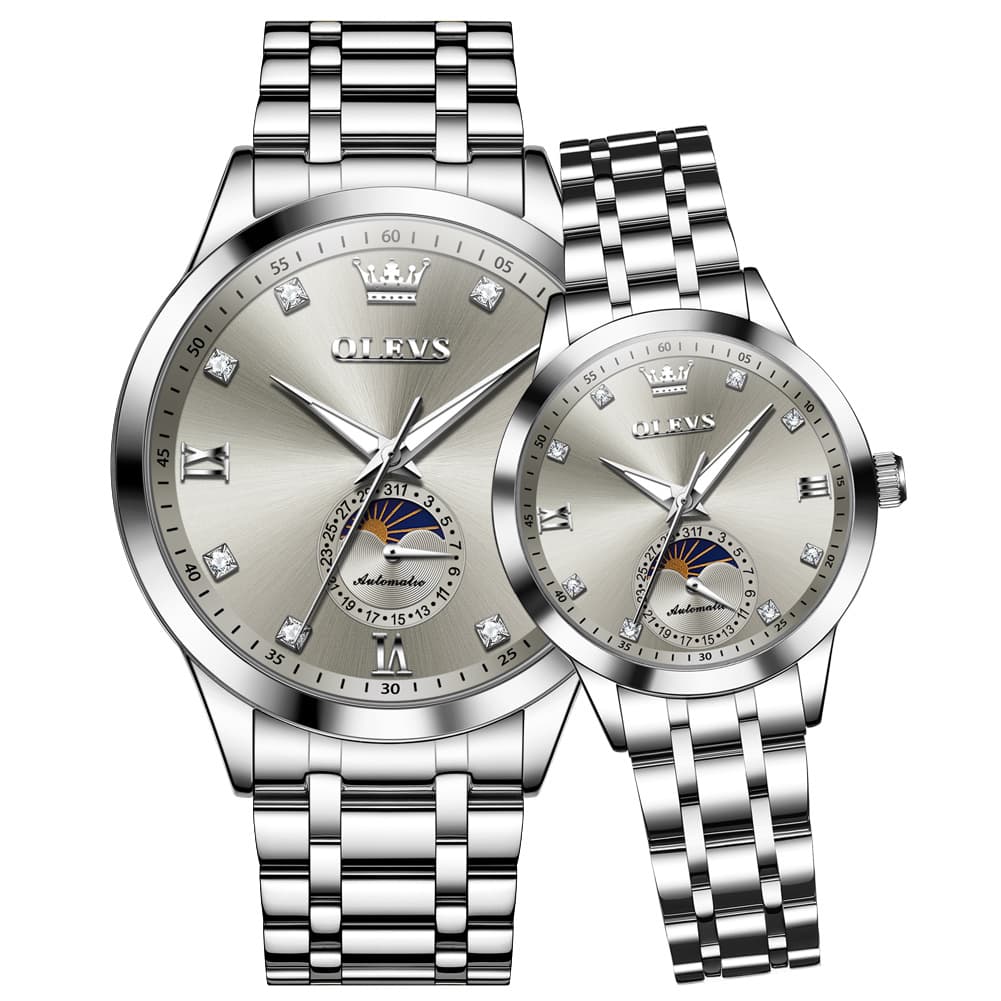 OLEVS 7041 Solid Steel Moon Phase Couples Watch Set