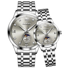OLEVS 7041 Solid Steel Moon Phase Couples Watch Set