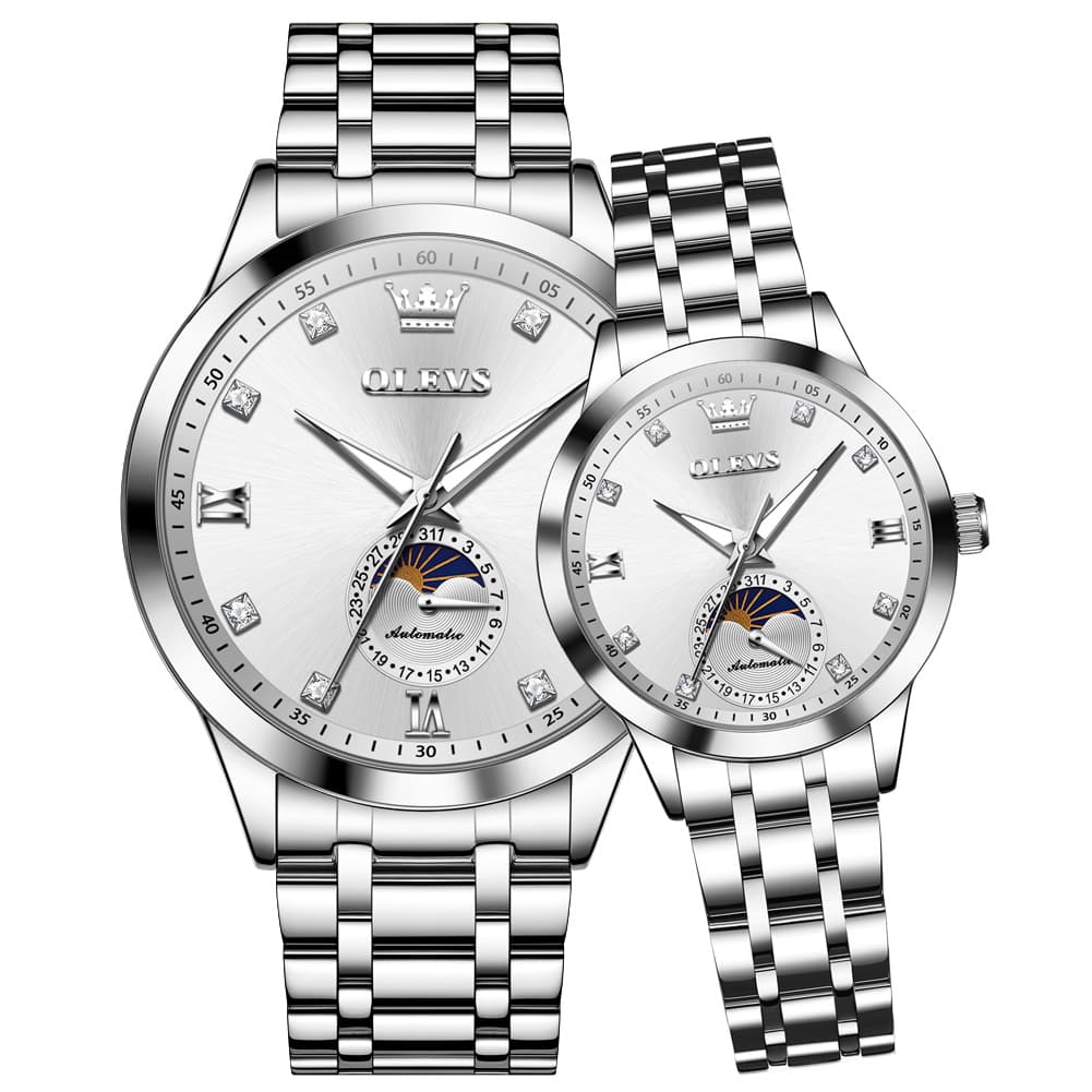 OLEVS 7041 Solid Steel Moon Phase Couples Watch Set