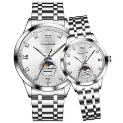 OLEVS 7041 Solid Steel Moon Phase Couples Watch Set
