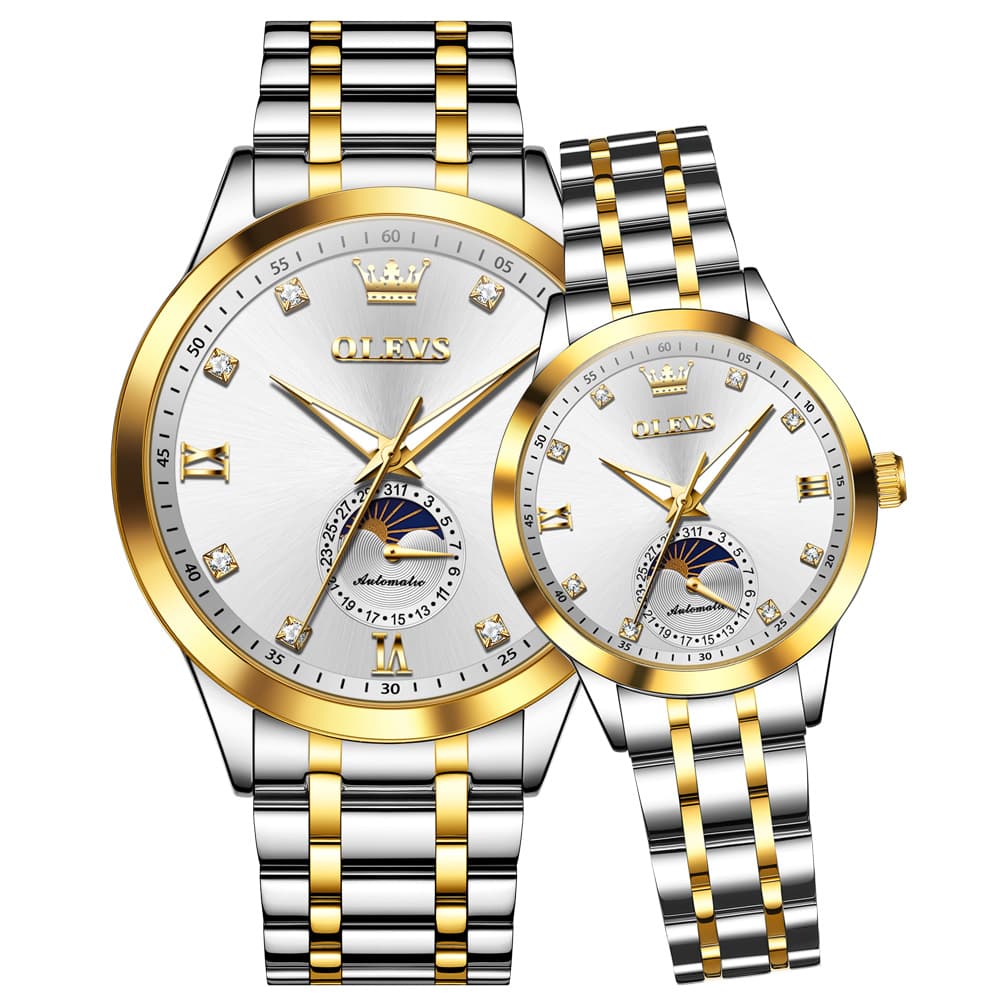 OLEVS 7041 Solid Steel Moon Phase Couples Watch Set