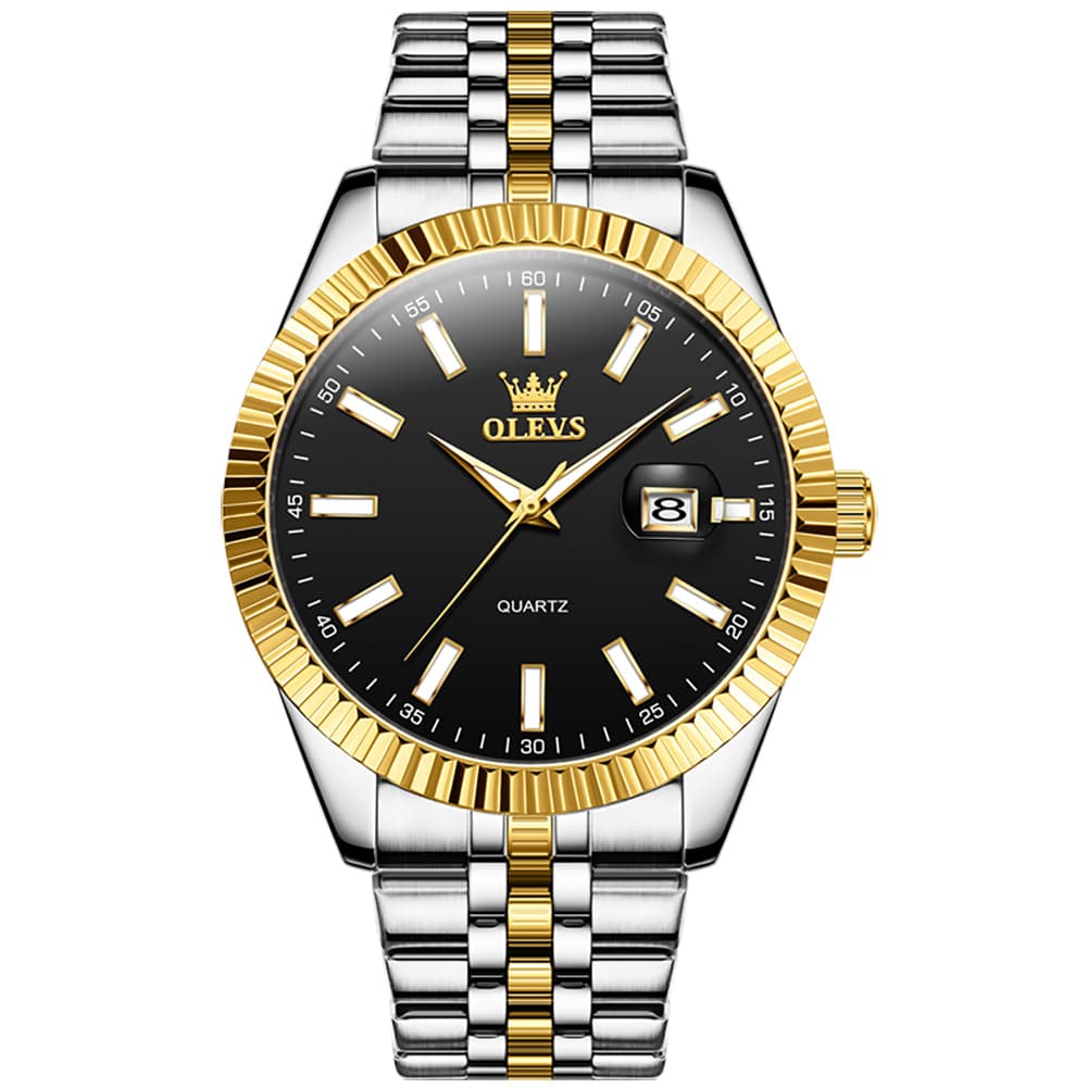 OLEVS Couple Watch Fluted Bezel Two Tone Stainless Steel Date Quartz 5593