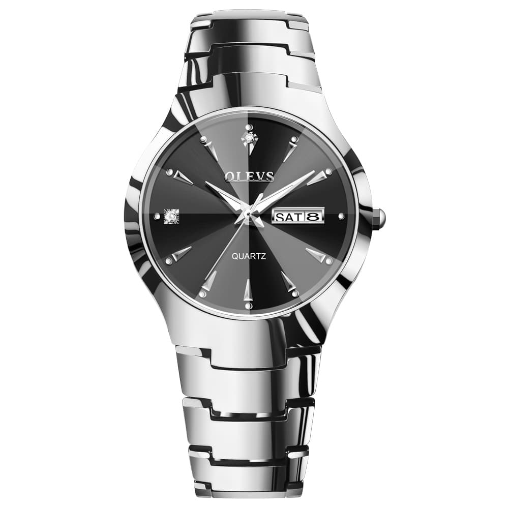 OLEVS Tungsten Steel Ultra Thin Day Date Couple Watch 8697 for Men and Women