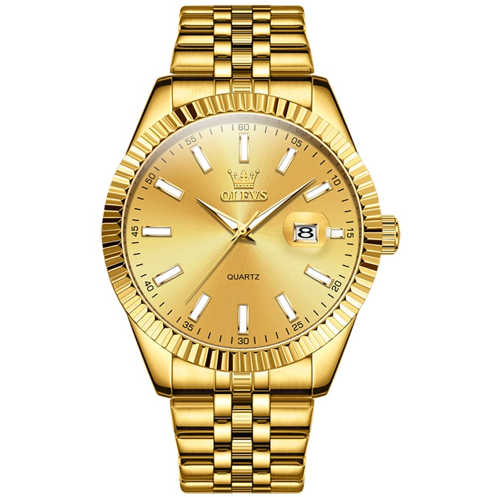 OLEVS Couple Watch Fluted Bezel Two Tone Stainless Steel Date Quartz 5593