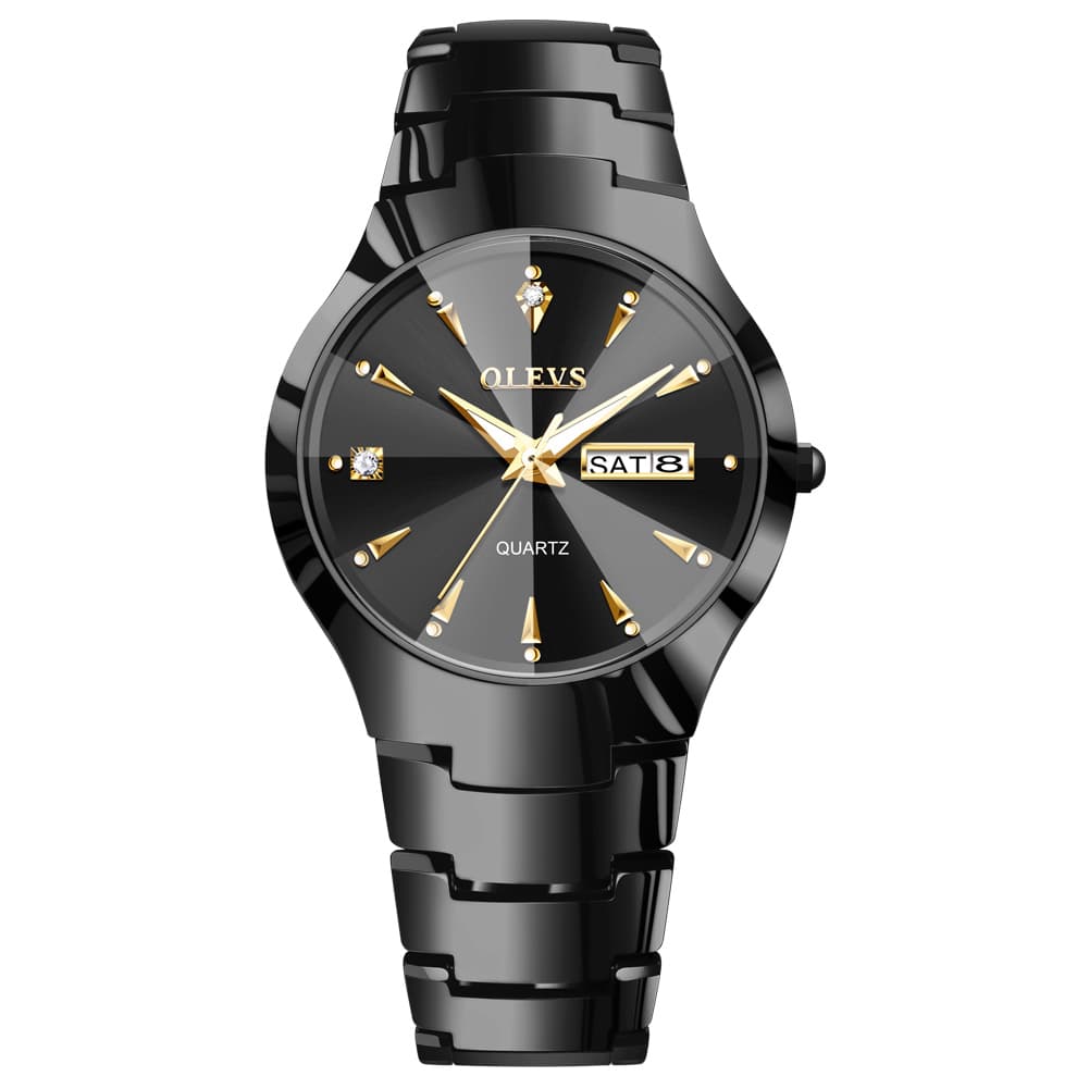 OLEVS Tungsten Steel Ultra Thin Day Date Couple Watch 8697 for Men and Women